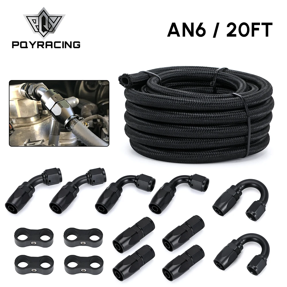 

6Meter/20FT AN6 6AN Oil Fuel Fittings Hose End 0+45+90+180 Degree Stainless Steel Braided Oil Fuel Hose Line Black With Clamps