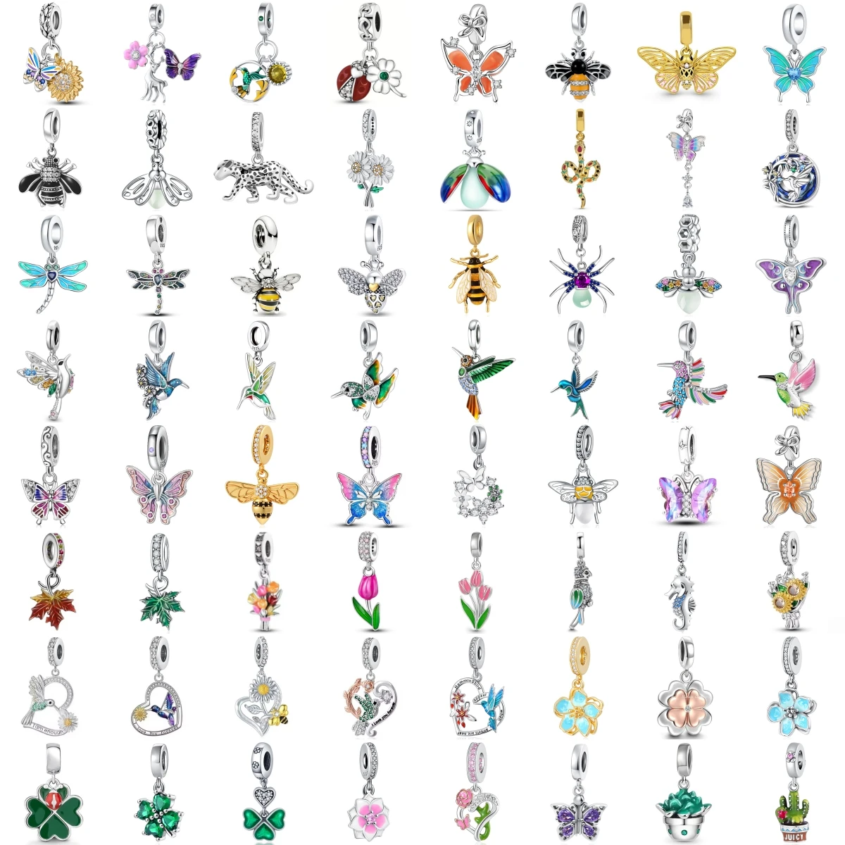 925 Sterling Silver Insect Bird Flower Dangle Charms Butterfly Bee Hummingbird Dragonfly Floral Pendant Beads Fit DIY Gift