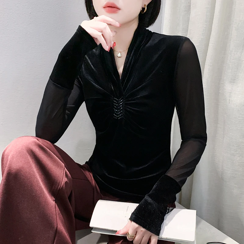 Black,Korean,Style,Fall,Winter,T-shirt,Chic,Sexy,V-Neck,Beads,Velvet,Draped,Women,Tops,Long Sleeve,Casual,Tees,2025,New,4103105