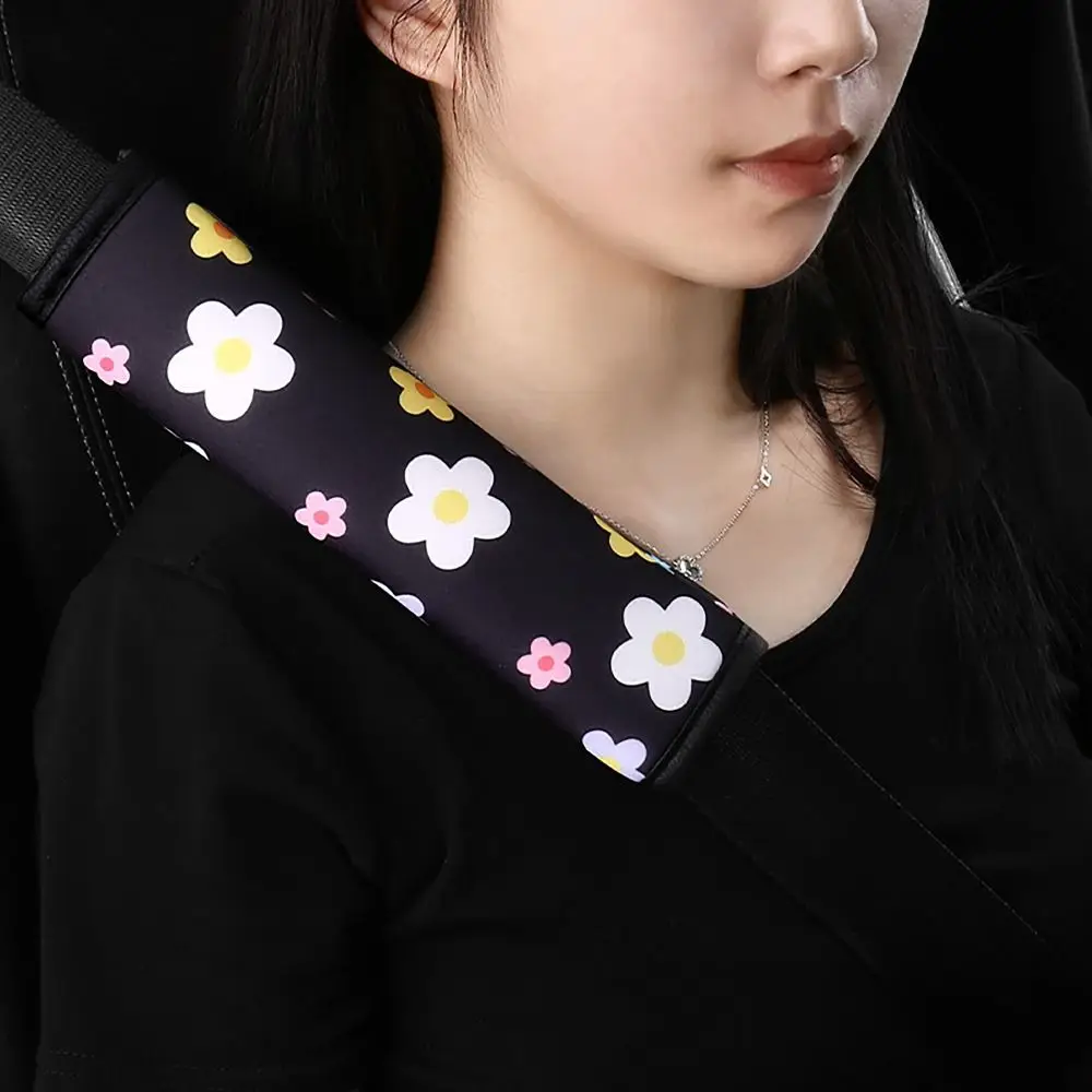 Flower Printed Steering Wheel Cover Car Interior Decor Non-slip Safety Belt Protector Auto Accessories Belt Protector For Car