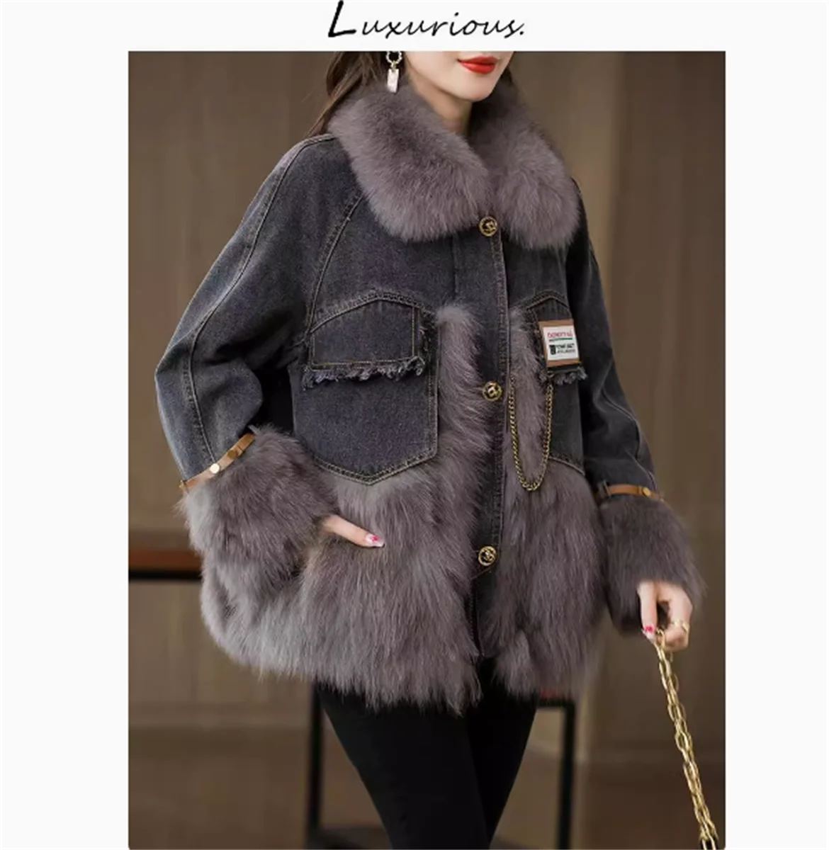 Parker's new winter fox fur denim jacket for women, short style imitation down jacket, Haining fur S recommends weighing less th