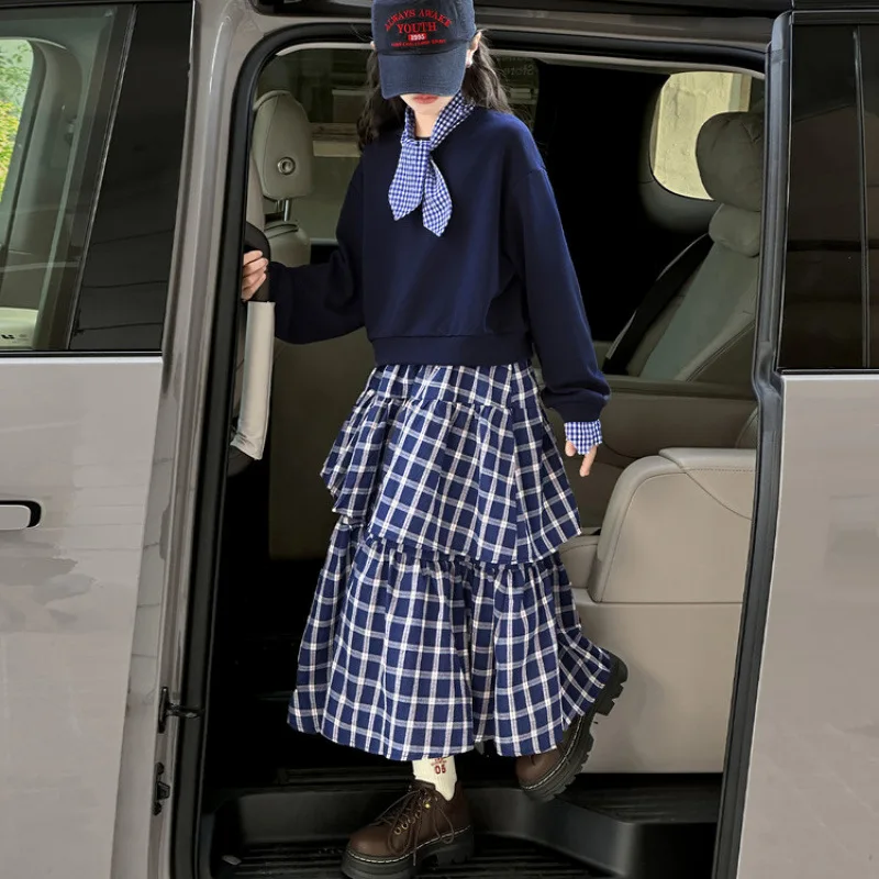 

Костюмы-двойки для школьниц, осенний детский лоскутный свитер с длинными рукавами для девочек, клетчатая юбка для маленьких девочек, наряд для девочек от 4 до 14 лет