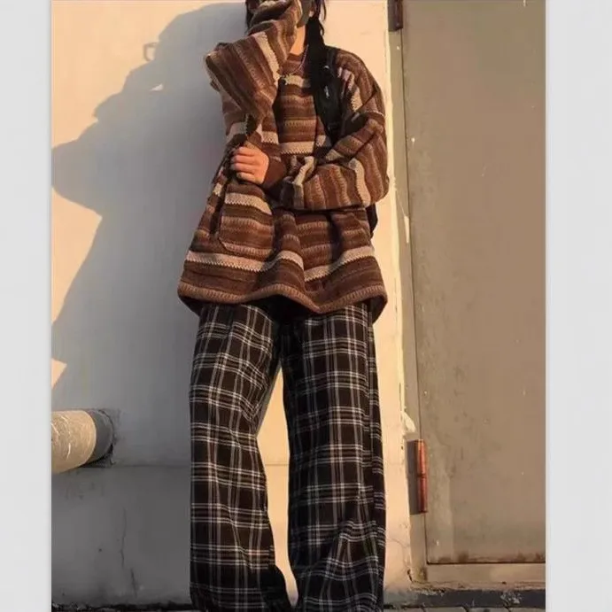 Women's Winter Clothing Sweater Round Neck Long Sleeve Loose Fit Striped Cotton Blend Fleece Lined Casual Streetwear Oversized