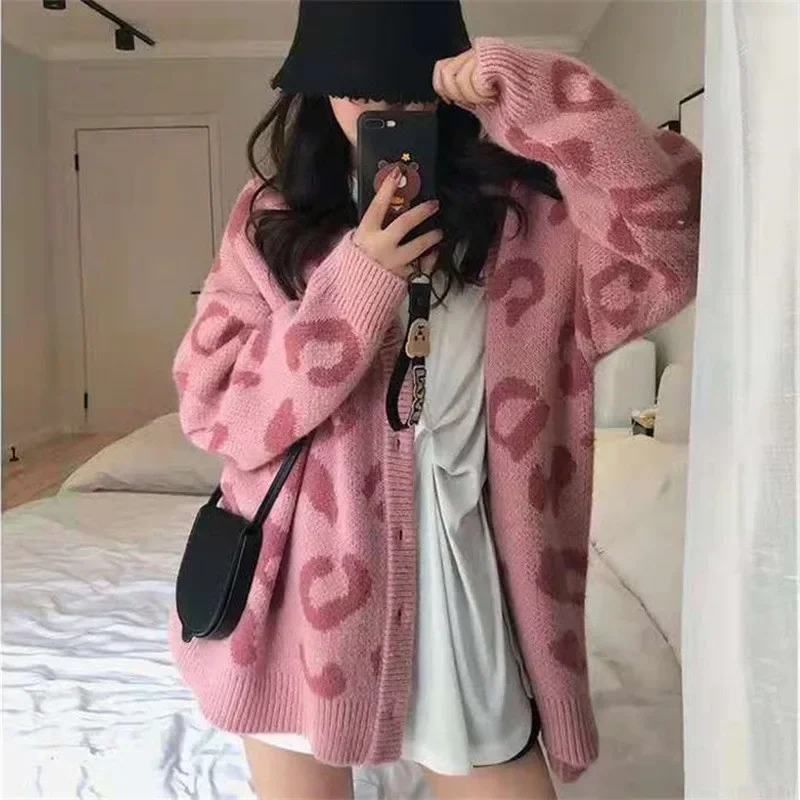 Korean Style Pink Leopard Pattern Knitted Cardigan Loose Sweater Jacket for Women Coat Female Autumn and Winter Long Sleeved Top