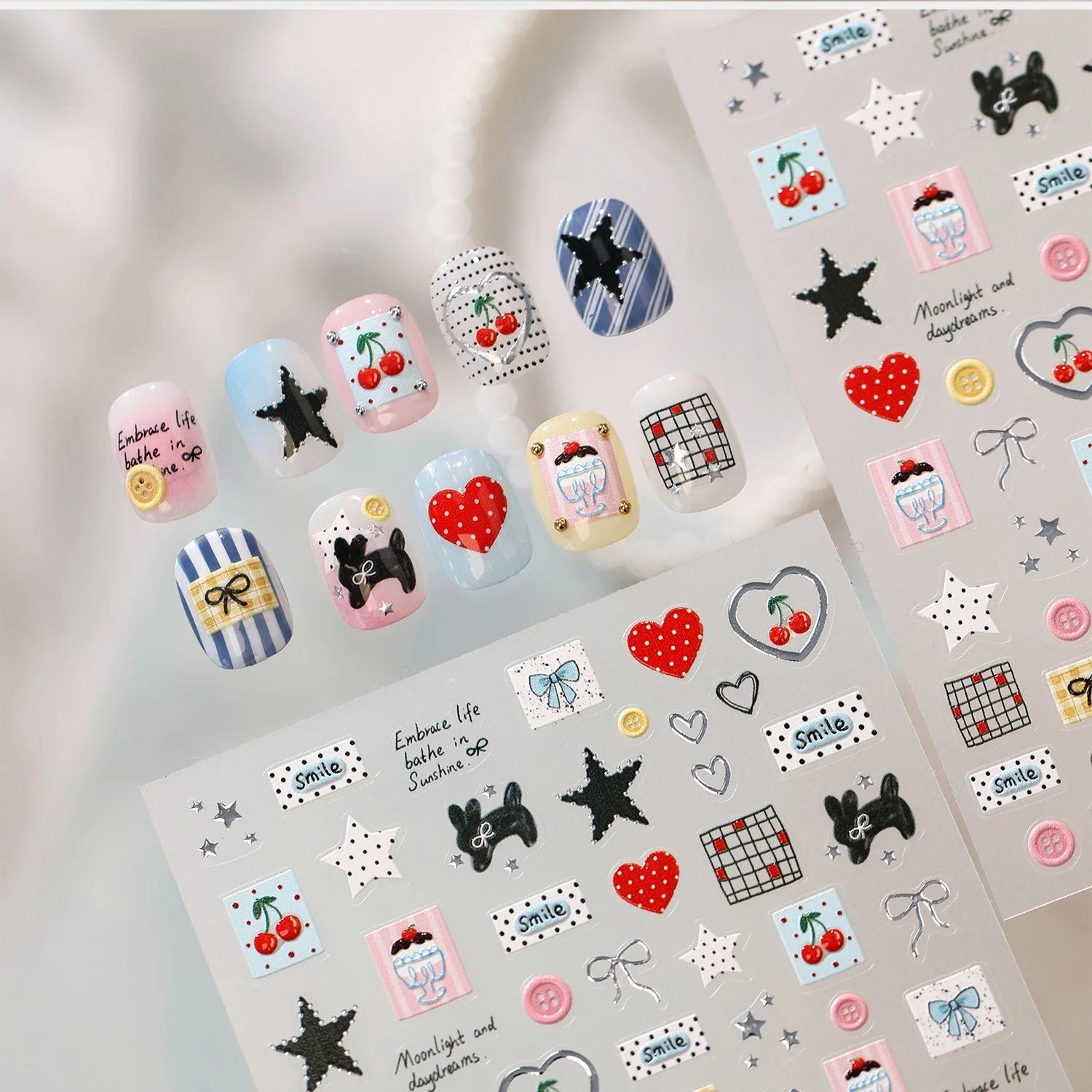 Rote Polka-Dot Vintage 5D Nagelaufkleber Herz Kirsche Welpe Stern Schleife Karo Quadrat Knopf Selbstklebende DIY Nagelkunst-Aufkleber für Mädchen