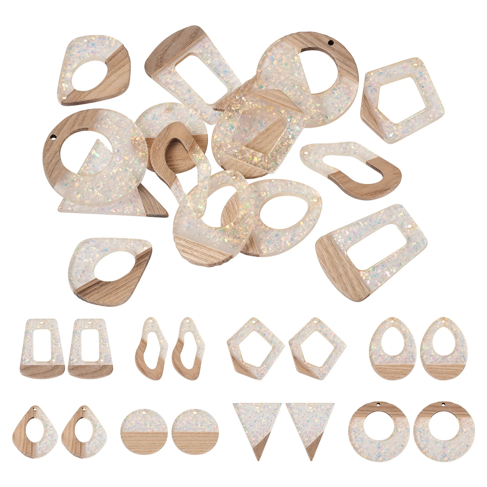 16Pcs Wooden Pendants Resin and Gold Foil Mixed Shape Clear for Making DIY Jewelry Necklace Earring Craft Accessories