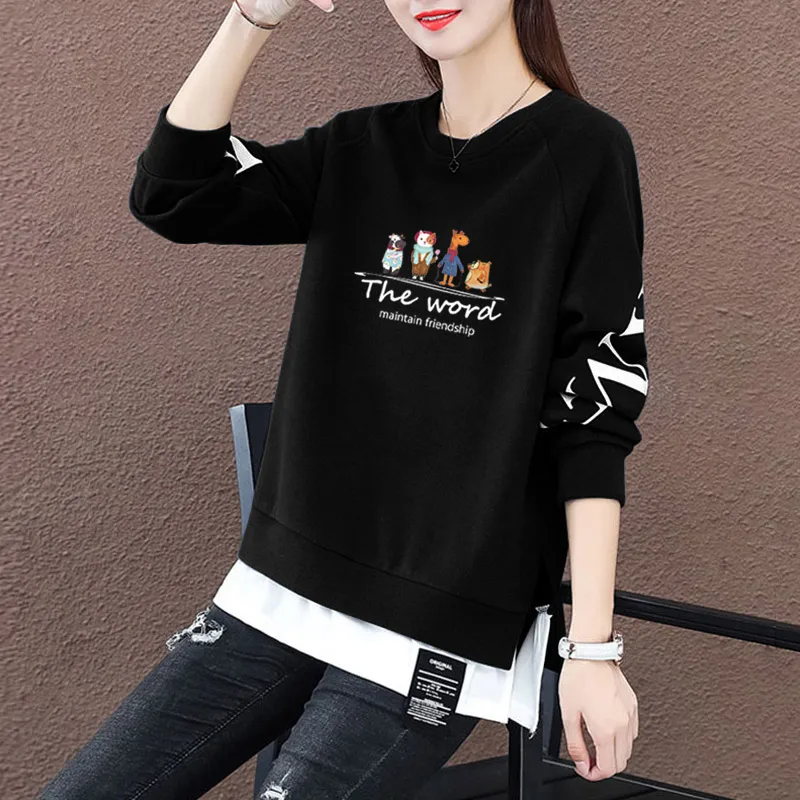 

Women's round Ne Fce Lined Thiened Loose Casual Hoodie Trendy Two-piece Jaet Comfortable Long Sve Mid-length