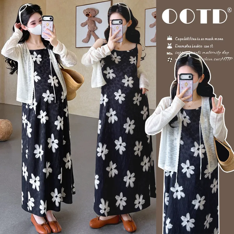 Maternity Clothes Summer Floral Print Spaghetti Strap Maxi Dress And Sun Protection Thin Cardigan Vacation For Pregnant Women