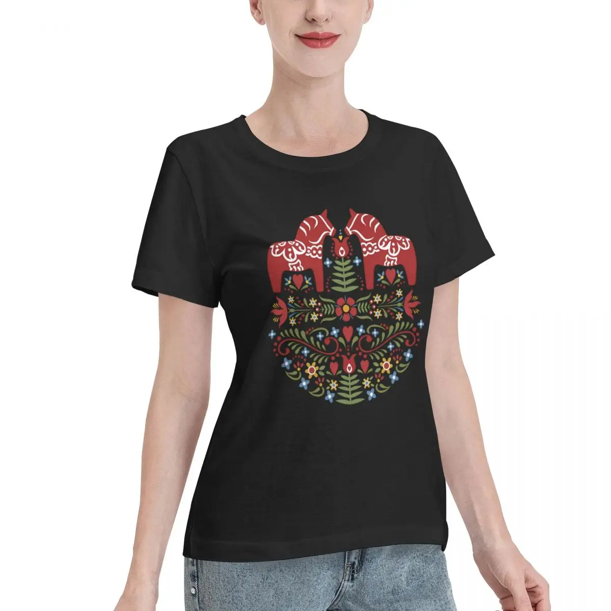 All Body Type Scandinavian Dala Horse Swedish Folk Art Women's T-shirt Sweet Relaxed Cut Tshirt