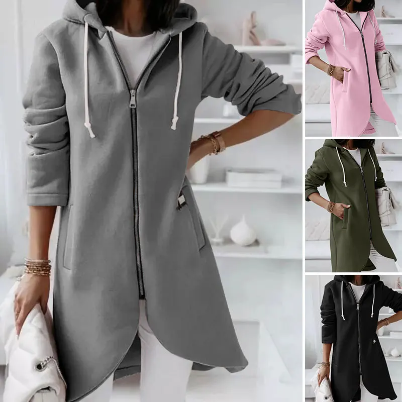Color Zipper Long Sleeve Hooded Jacket Street Style Polyester Women's Sweatshirt Coat Straight Cut Regular Length