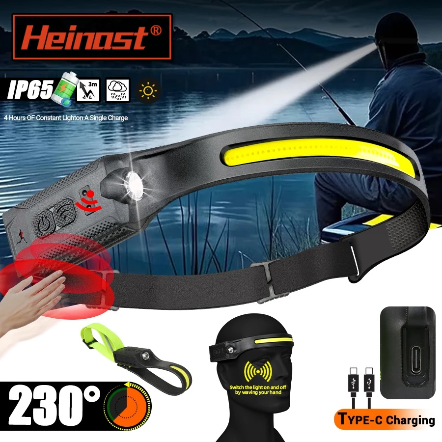 

Heinast Induction LED Headlamp COB Wide Beam Wave Sensor Head Lamp Built in Battery USB Rechargeable Fishing Headlight Lantern