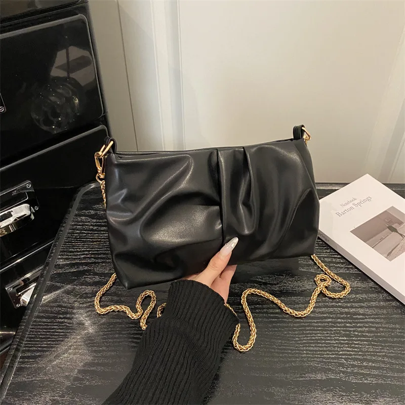 

Vintage Pleated Design Women PU Shoulder Bags Simple Solid Color Ladies Chain Crossbody Bag Portable Female Phone Handbag Purse