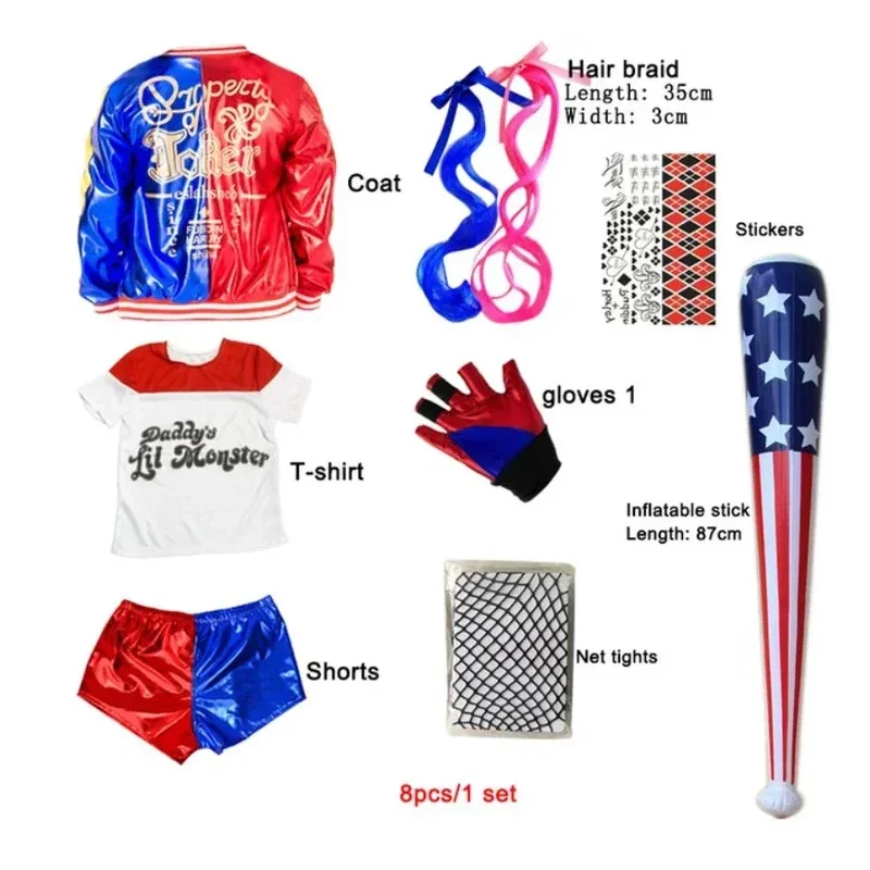 2025 이이 카니발 키즈 여자아이 자살 할리 코스프레 의상 스쿼드 퀸 몬스터 조커 재킷 수트 타투 스티커 바지 세트