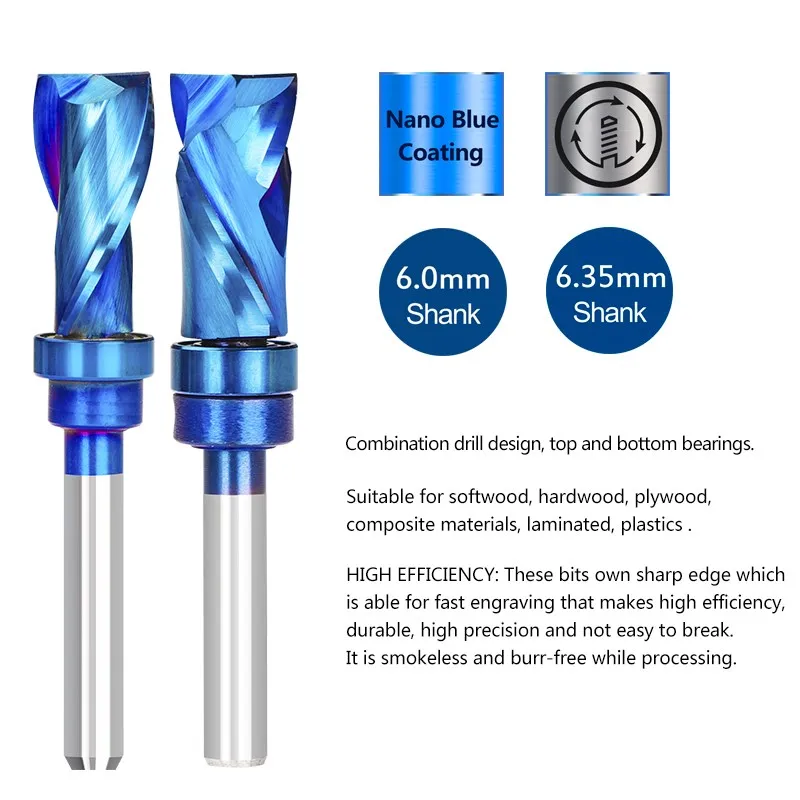 XCAN CNC Router Bit Compression Flush Trim Cutter 6mm 1/4 Shank Spiral UP&DOWN Cut Milling Cutter End Mill Carbide Milling Tool