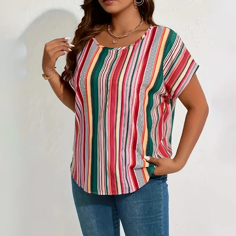 

Plus size women's shirt, multi-color striped printed shirt with bat sleeves and round neck casual top, suitable for daily wear