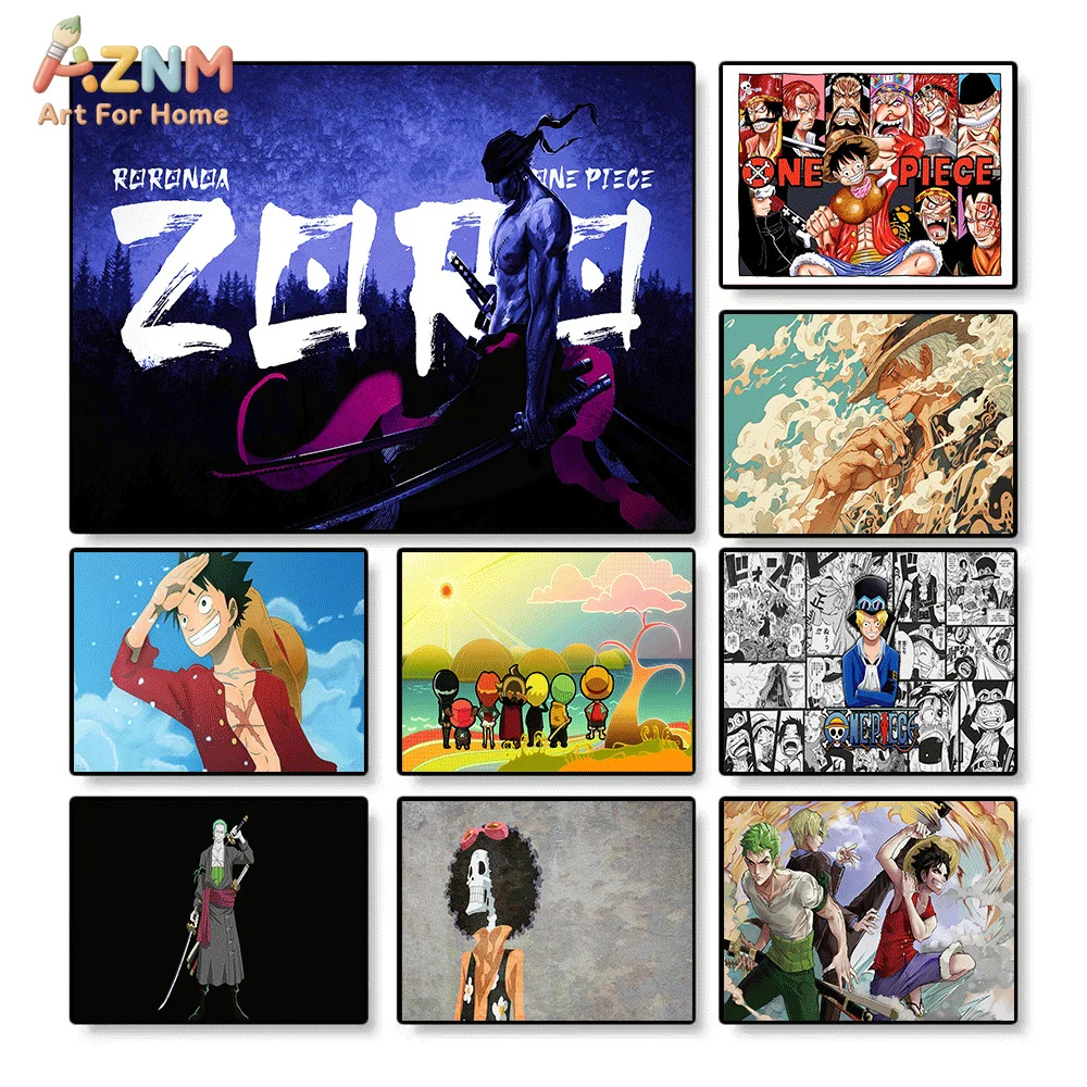 Póster Grande de One Piece con Zoro, Luffy con Silueta de la Tripulación, Ace, Brook, Calavera, Collage de Anime Manga de Zoro y Luffy en Combate