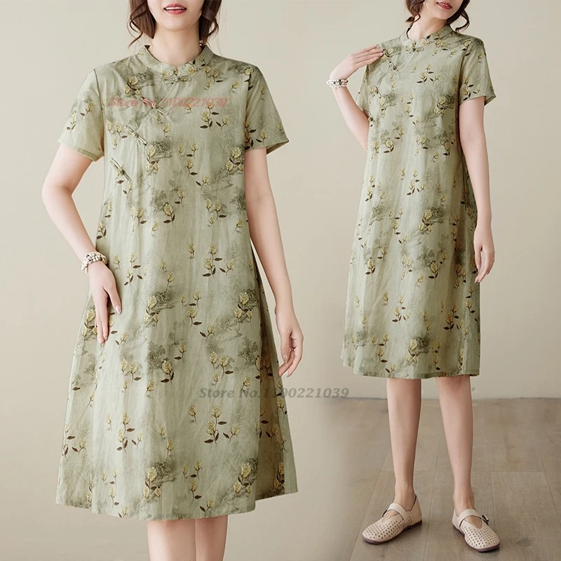 

2025 chinese vintage dress improved cheongsam national flower print ethnic dress traditional retro loose qipao a-line dress