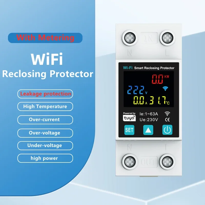 Tuya WiFi Smart Circuit Breaker With Power Metering 1P 1-63A Timer Power Voltage Current Voice Remote Control Switch LED Display