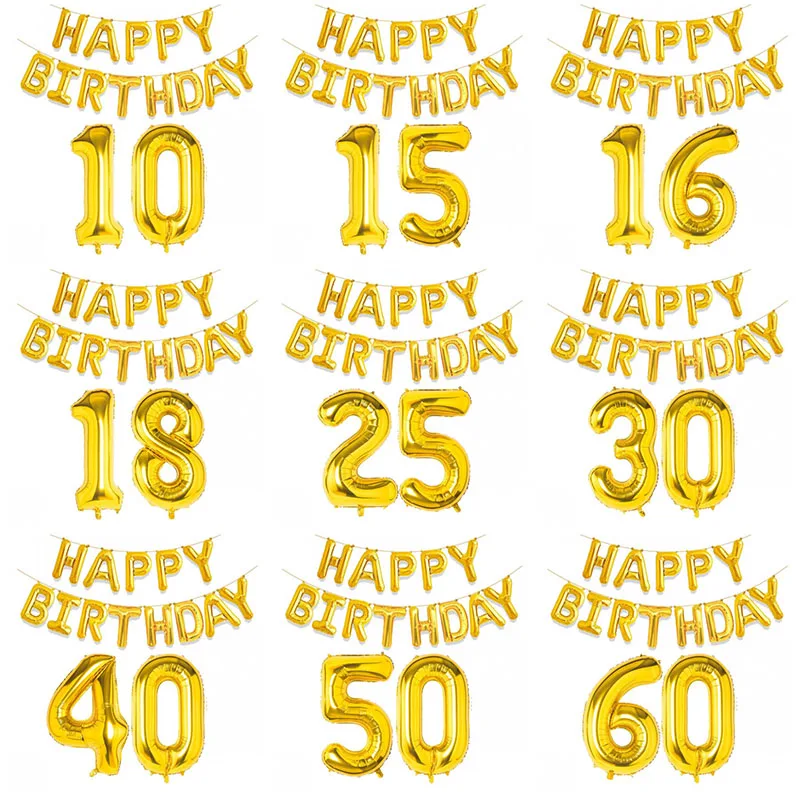 Gold Happy Birthday Number Foil Balloons Adult Kids Party Decoration Boy Girl Man Women 10 11 12 15 18 25 30 40 50 60 Year Old