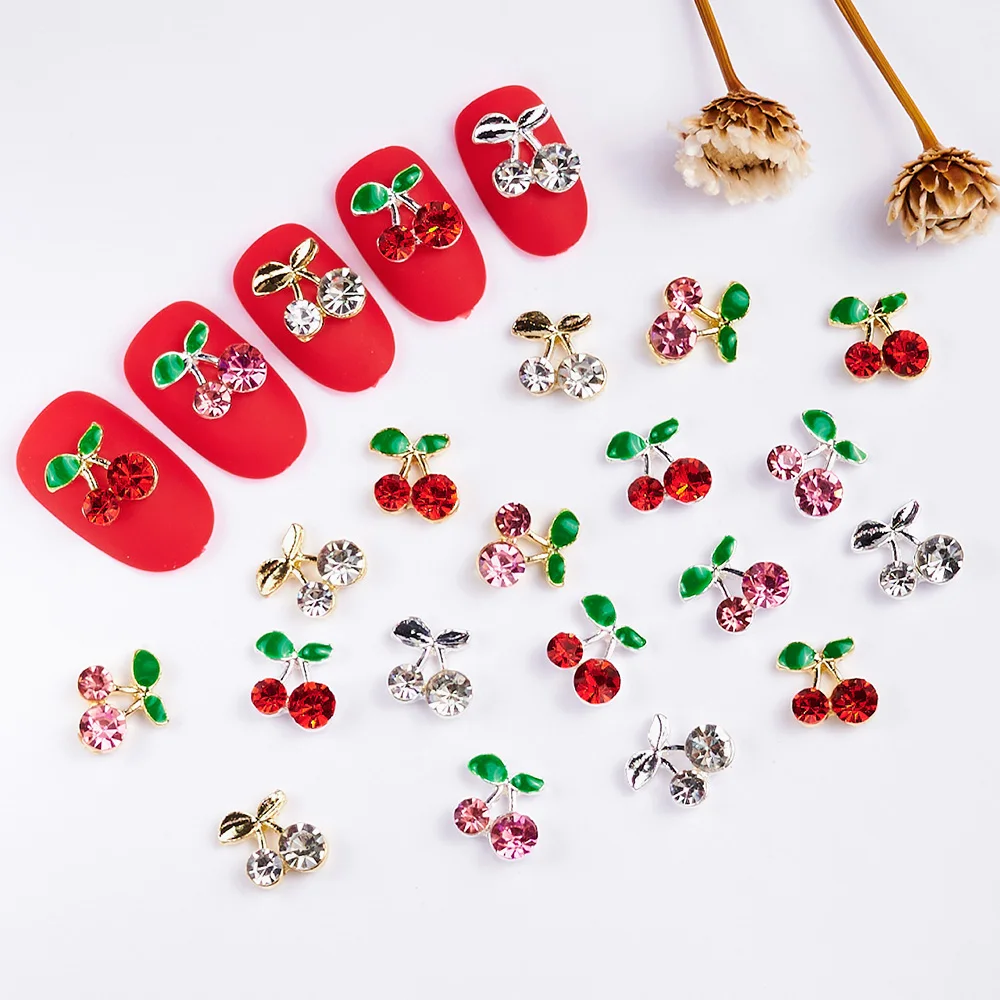 20pcs/Bag 3D Shiny Cherry Nail Charms Flatback Alloy Pink/Red Gems Crystal Nail Art Decorations DIY Kawaii Cherry HairpinPendent