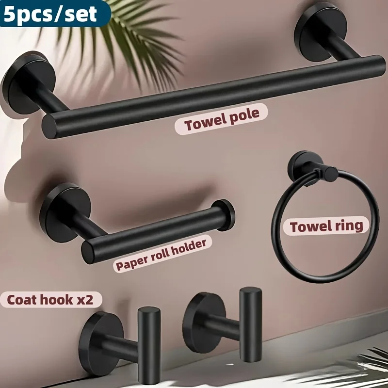 مجموعة أدوات الحمام المكونة من 5 قطع مثبت على الحائط الفولاذ المقاوم للصدأ شريط المناشف حلقة المناشف حامل ورق التواليت هوك اكسسوارات الحمام #1