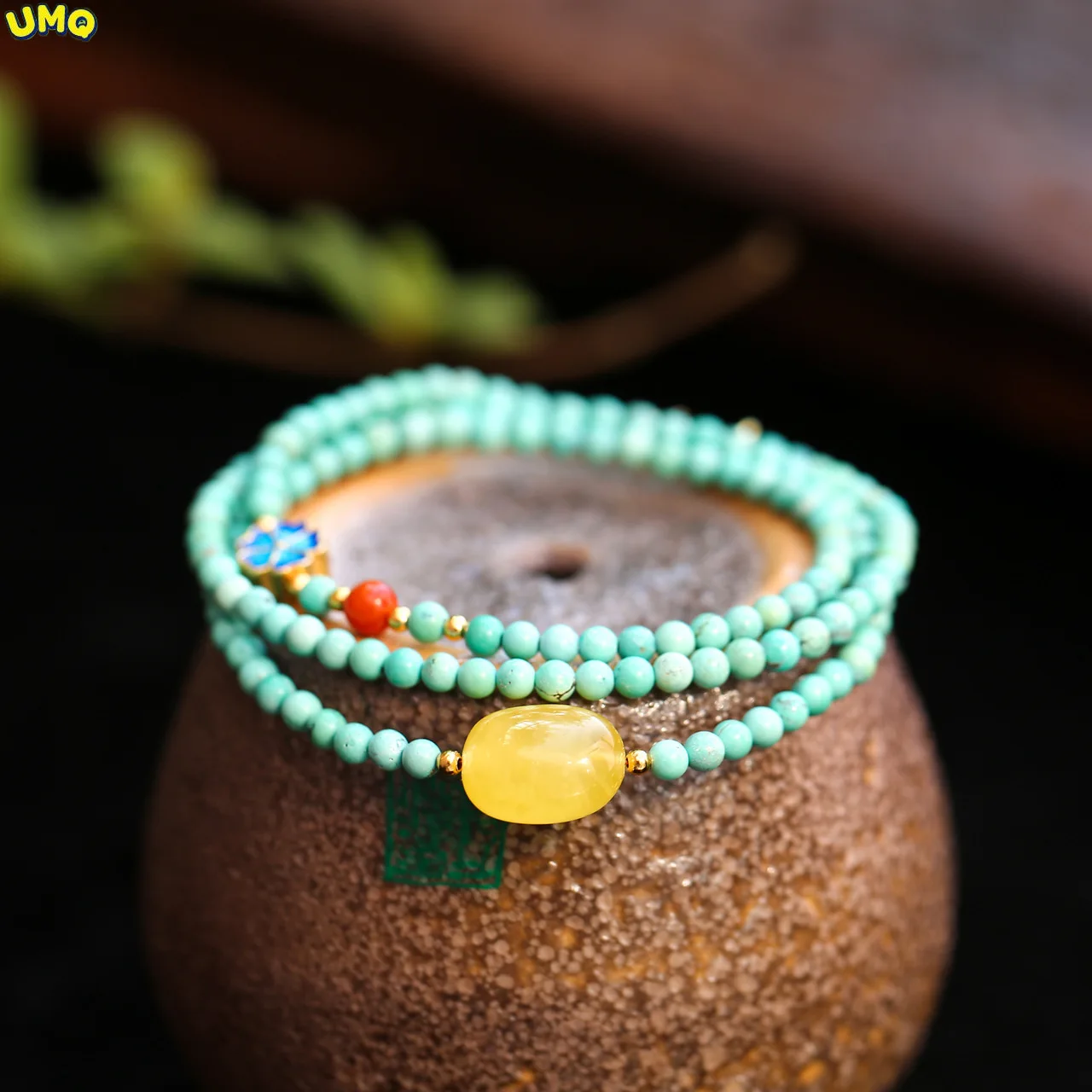 Natural Hubei Raw Mineral Turquoise Bracelet Multi Circle Shaped Honey Wax Amber Bracelet