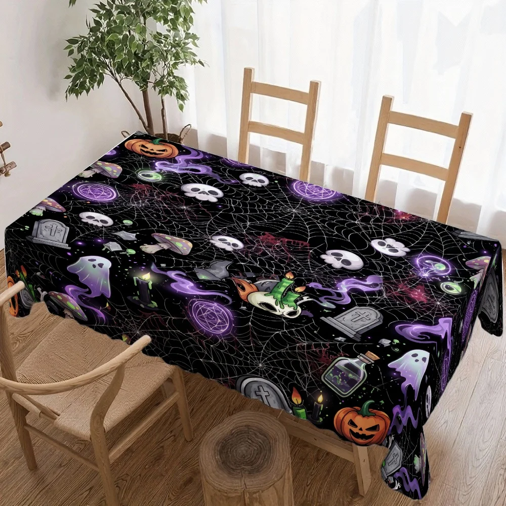 Happy Halloween Rectangle Table Cover Tombstone Candle Table Cloth for Halloween Spooky Theme Party Indoor Outdoor Table Decor
