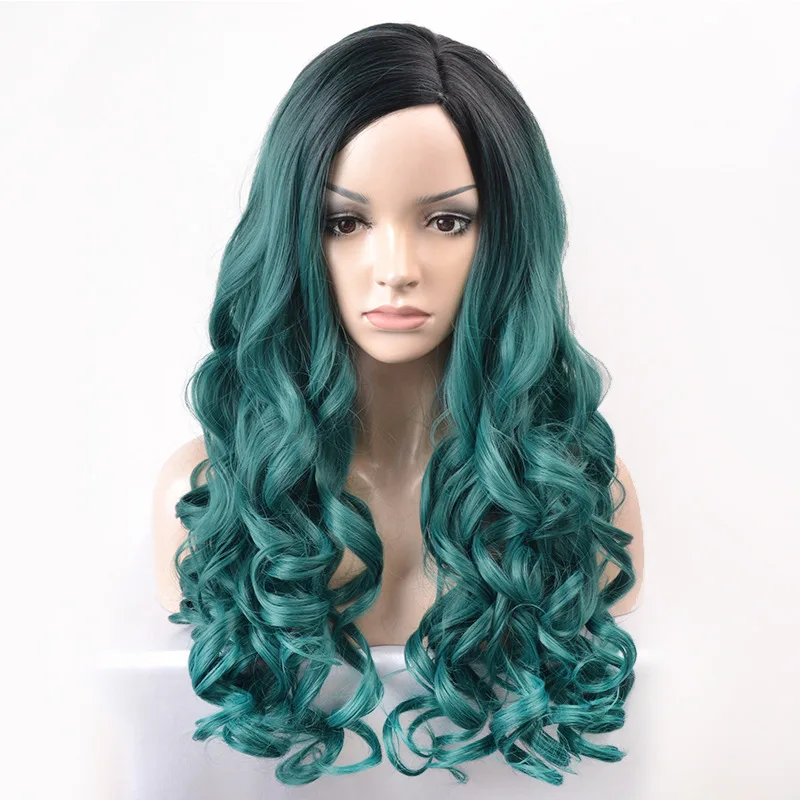 Peruca longa de cabelo encaracolado com arranca para mulheres, lolita, verde misto, natal, halloween, cosplay, festa à fantasia