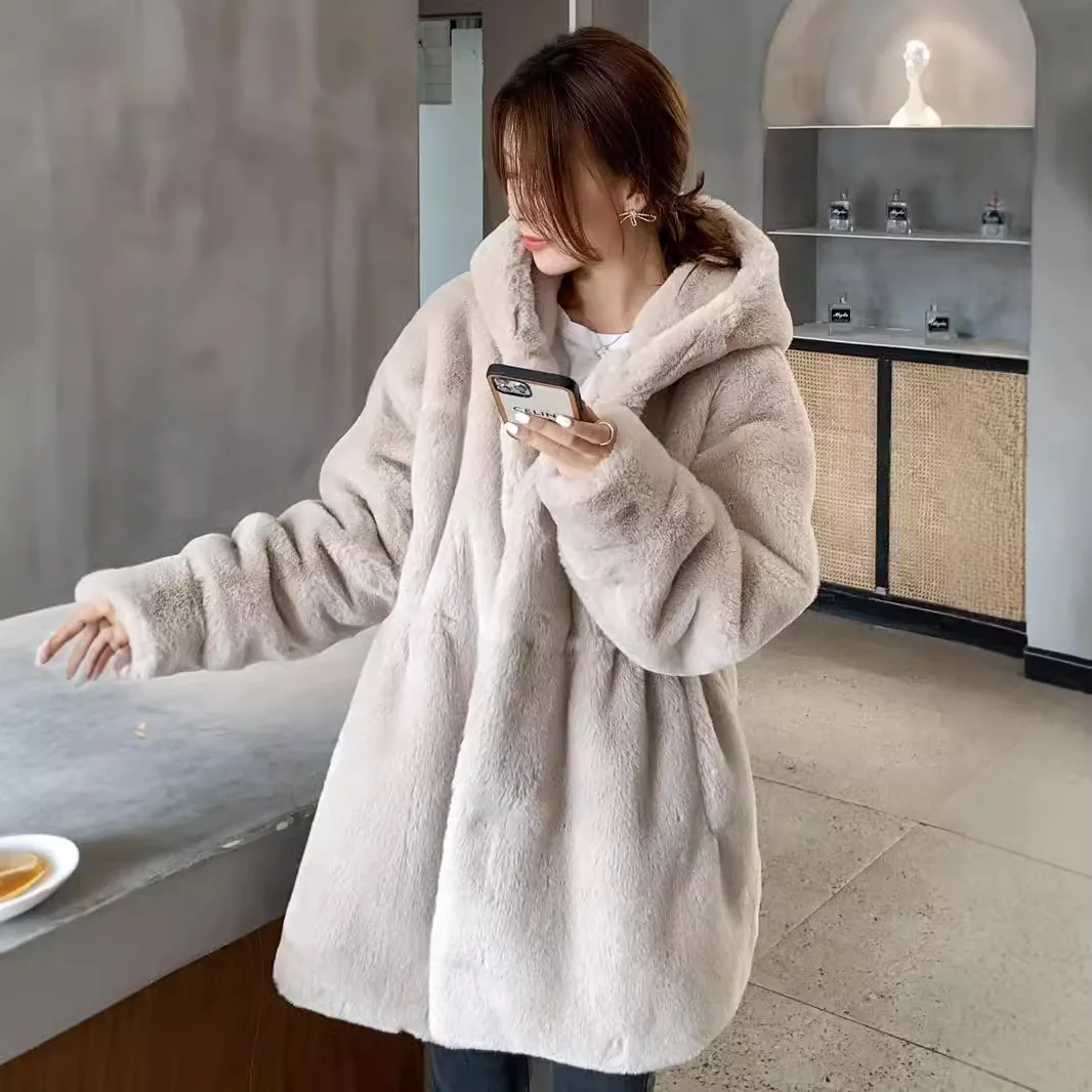 여성 인조 토끼털 코트 퍼리 아우터웨어 롱 오버코트 후드 롱 슬리브 오픈 스티치 두꺼운 재킷 Y2k 2025 가을 겨울
