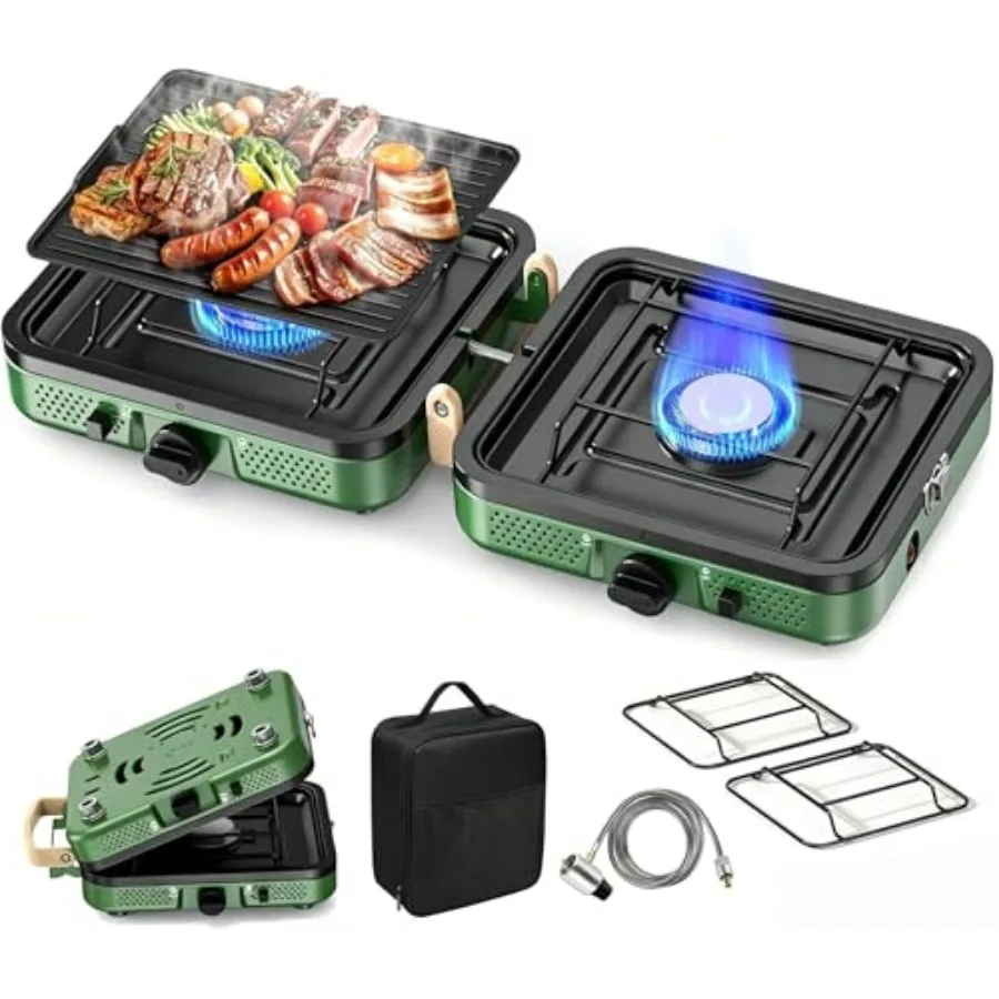 

2 Burner Camping Stove, 20000 BTU Propane Camp Stove Portable Folding Gas Travel Stove Camping Essentials Gears Includes Grill,
