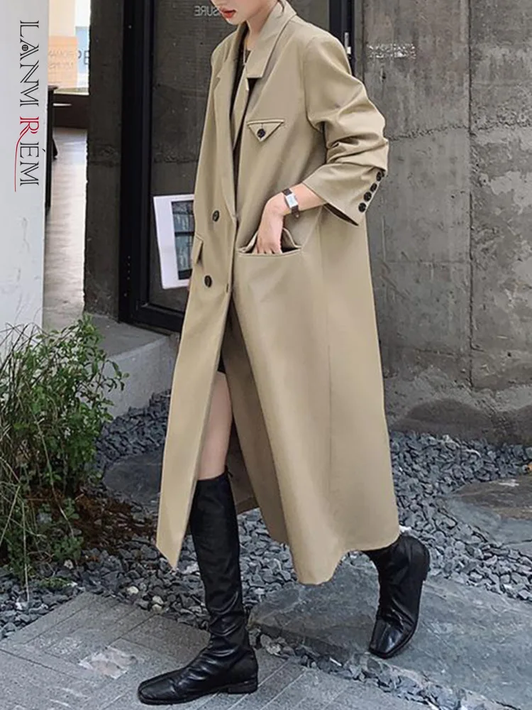 

[LANMREM] Fashion Long Trench For Women Solid Office Lady Double Breasted Windbreaker Female Coats 2024 Spring New 2R6701