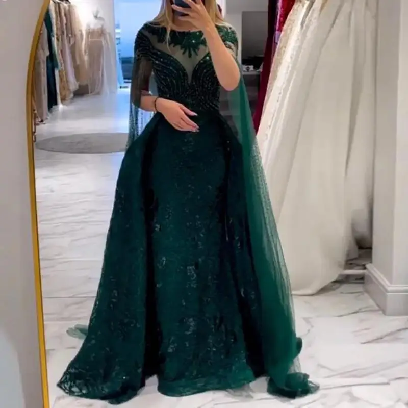 

Elgant Emerald Green Women Evening Dresses With Wrap Sleeve 2024 O -Neck Lace Applique A Line Formal Occasion Dress Prom Party