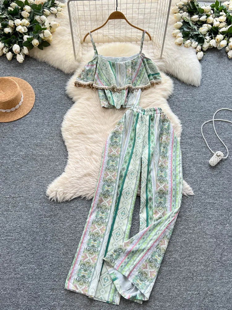 Retro Ethnic Sle Ruffle Hem Svel Vest Top + Elastic Waist Wide Leg Slimming Pants Women's Summer Faion Set
