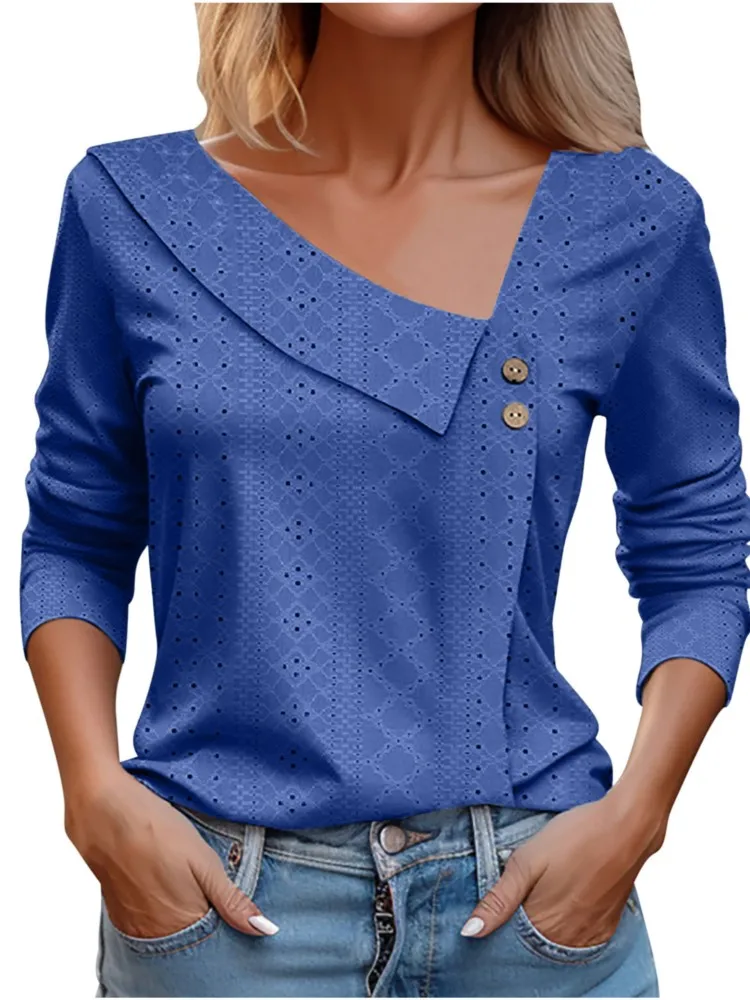 

Women's Solid V Neck T-shirts With Button Loose Long Sleeve T Shirt Autumn Commuting Tops For Fashion Streetwear Ropa De Mujer