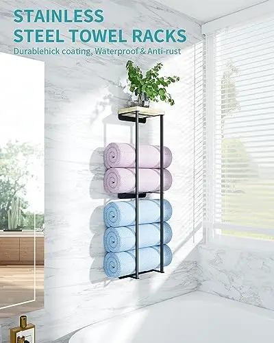 

Black Metal 2-Tier Wall-Mounted Bathroom Towel Organizer With Wooden Top Shelf And Stainless Steel Coating