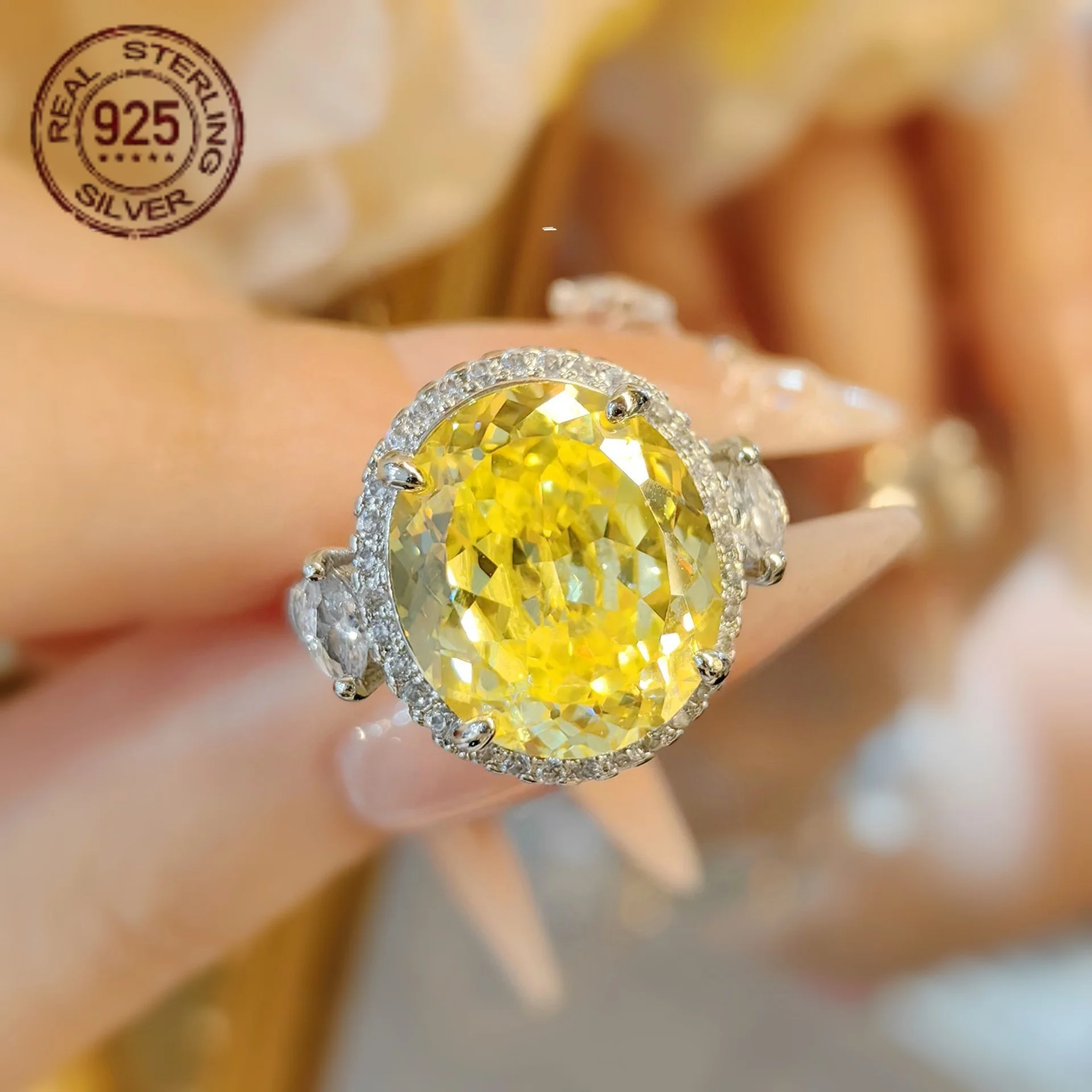 

New Delicate Oval Nest Cut Yellow Citrine Zircon Luxury Women Girl 925 Sterling Silver Rings Wedding Engagement Bridal Jewelry