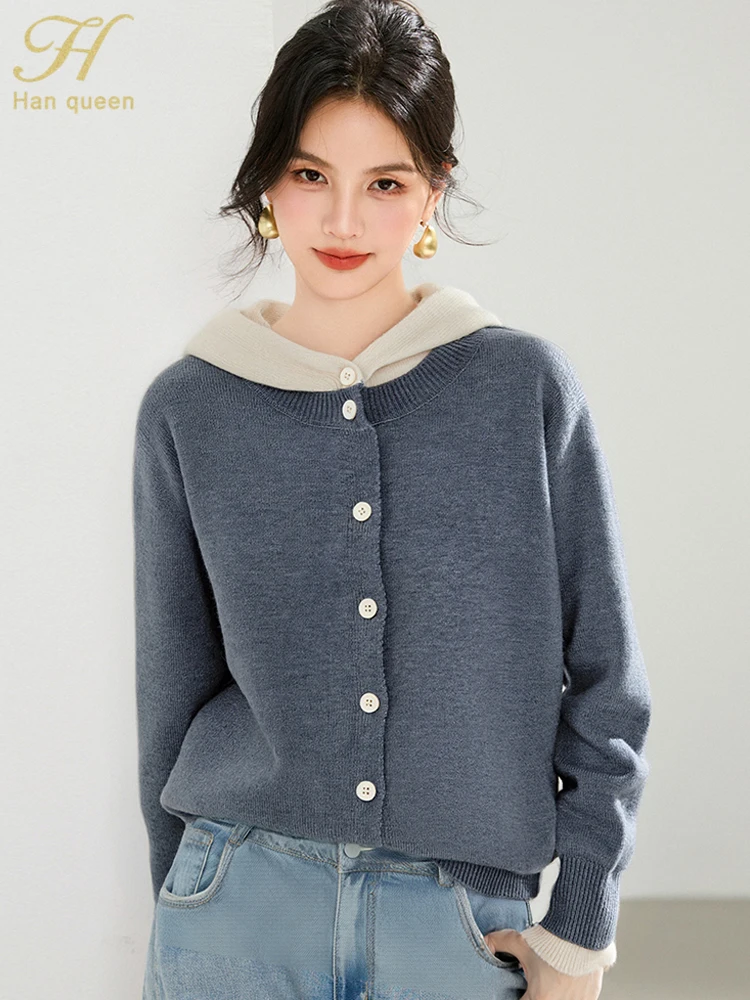 

H Han Queen Autumn Winter Cardigan Femmes Hooded Colorblocking Long Sleeve Fashion Casual Simple Basics Sweaters Woman Clothing