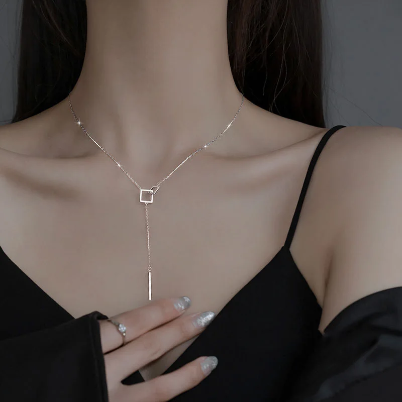 925 Sterling srebrny geometryczny kwadratowy naszyjnik z prostym pomponem długi kołnierz Chain Neckchain sweter Chain biżuteria ślubna