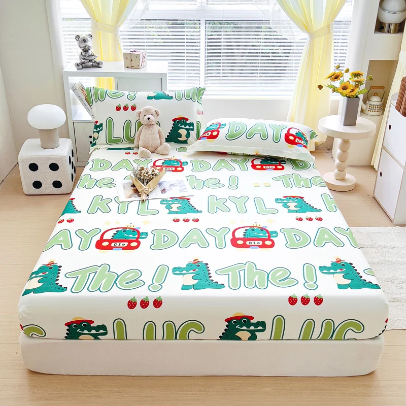 Cute Cartoon Crocodile Pattern Fitted Sheet Set 100% Cotton Modern Bedding Set Skin-friendly Anti-slip Bed Cover for Boys Girls