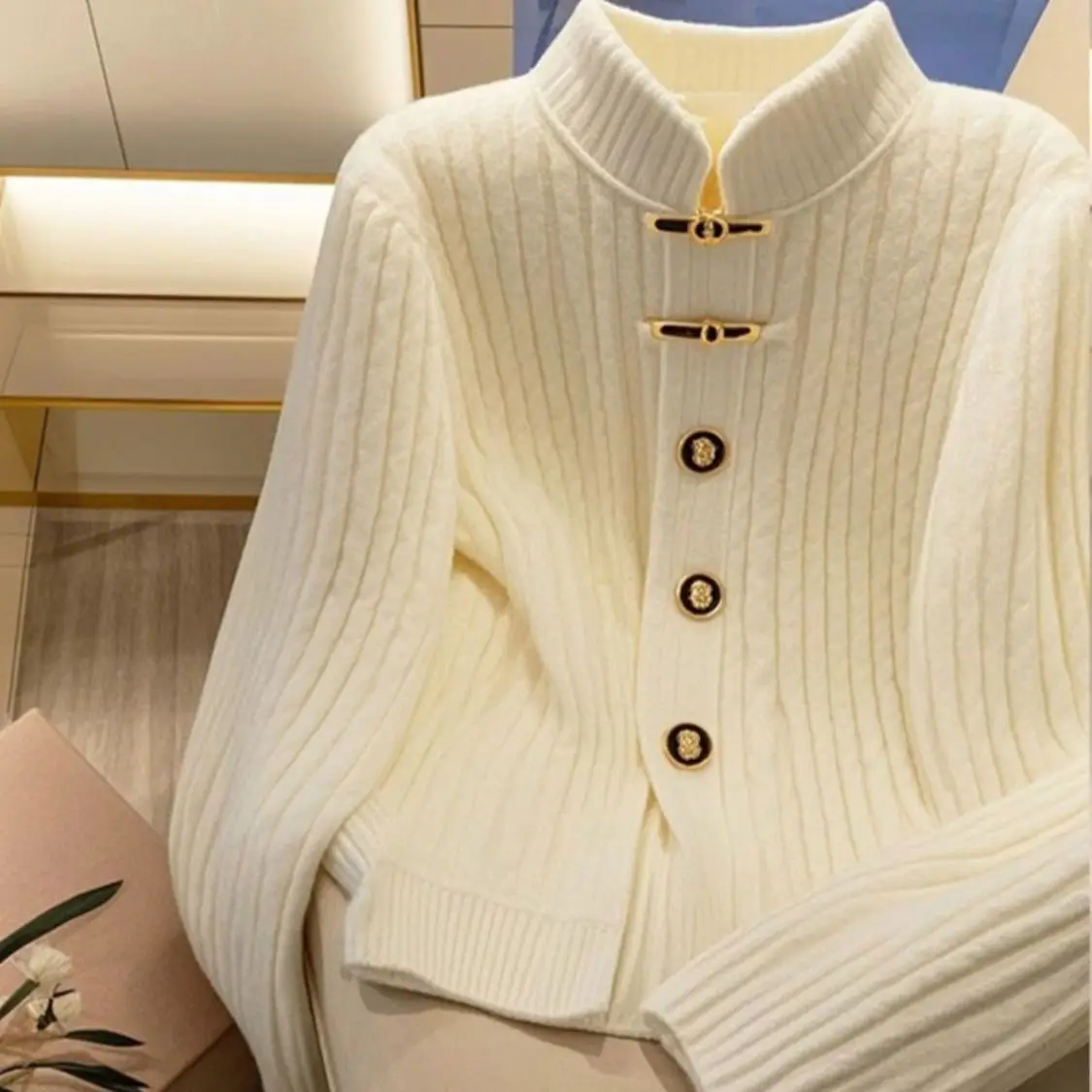 High-End Knitted Sweater Coat for Women Non-Balloning Early Autumn Long Sleeve Button up Stand Collar Color Casual Wear