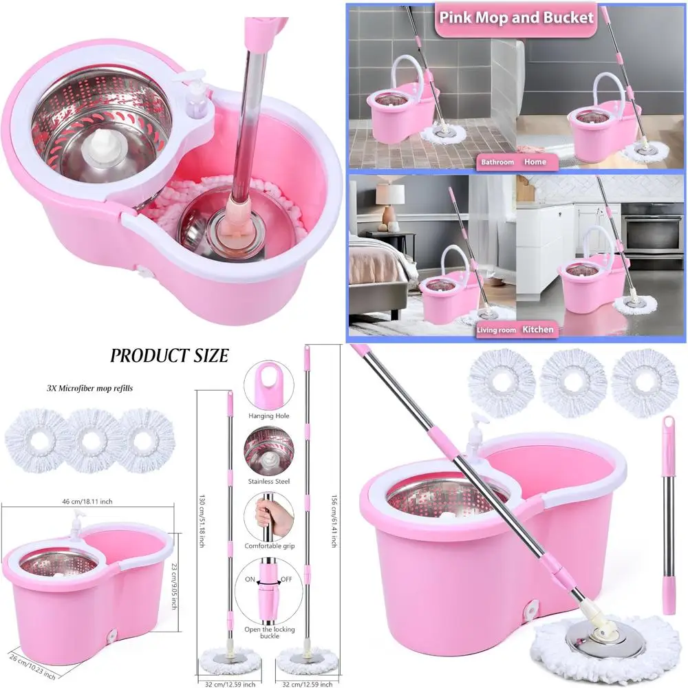 

Pink Mop and Bucket Cleaning Set with 3 Extra Refills for Home Use