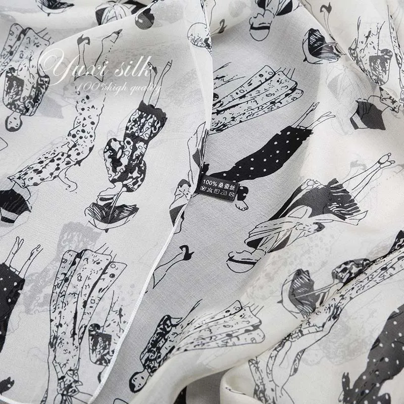 Hoge kwaliteit zwart en wit 100% zijde lange sjaal dames lente, herfst winter zomer