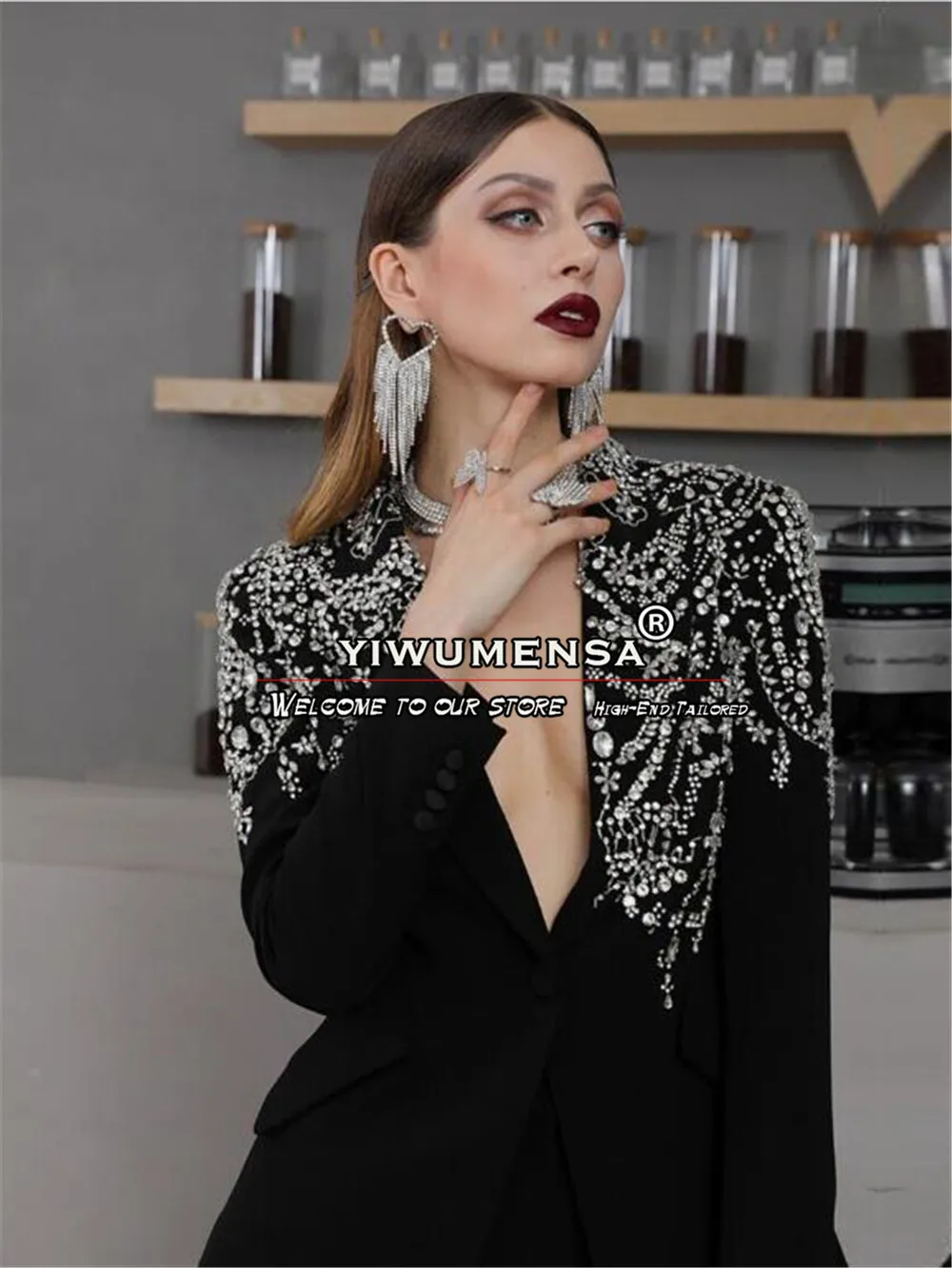 Trajes negros de lujo para mujer, vestido Formal para madre de la novia, chaqueta con cuentas de piedra de plata hecha a medida, pantalones, Blazers para mujer, 2 piezas