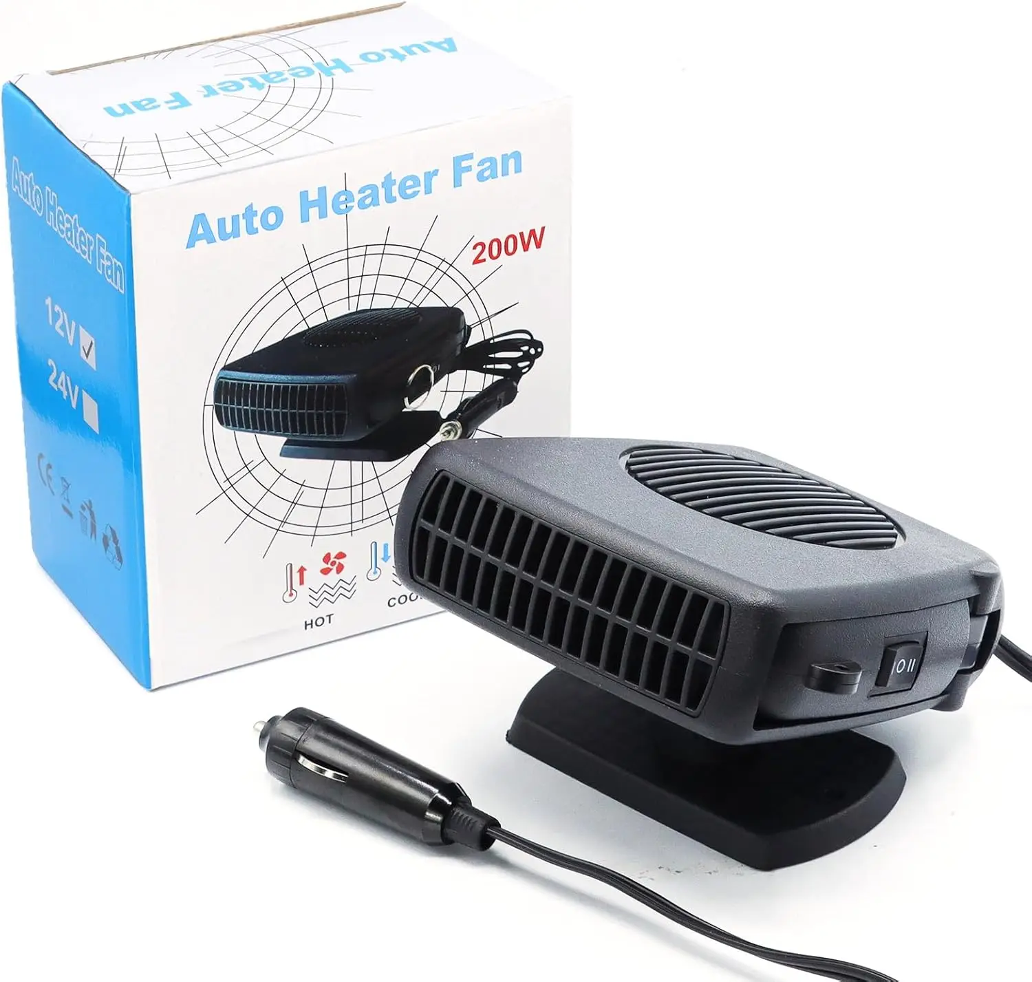 

12V 200W Portable Car Heater, Windshield Defroster, 360° Rotation (Black)