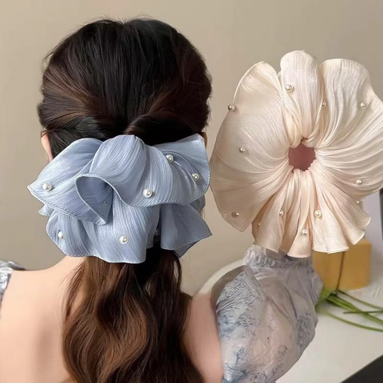 French Pleated Hair Scrunchies High-end Fairy Imitation Pearl Mesh Headband Ponytail Holder Elastic Hait Tie Floral Hair Rope