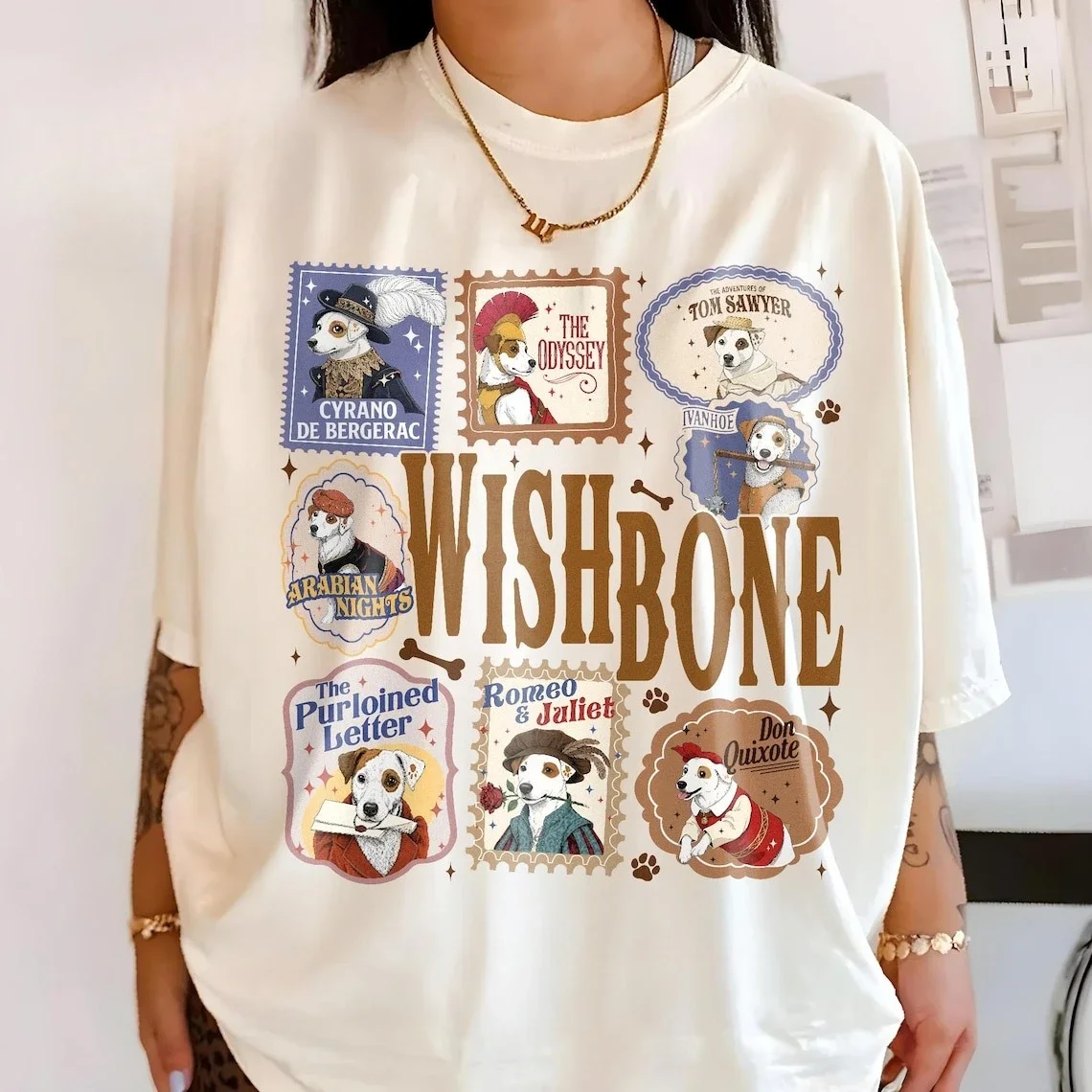 Wishbone Dog Vintage Stamp Collage T-Shirt Wishbone Literary Adventures Graphic Tee Classic 90s TV Show Unisex and Kids T Shirt
