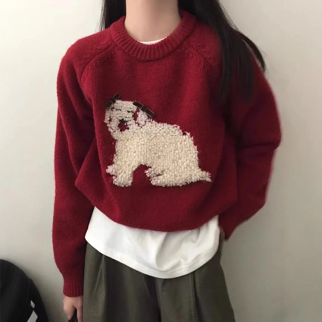 Korean Kawaii Cartoon Puppy Flocking Sweaters Simple O-neck Long Sleeve Casual Pullovers Autumn Iwnter Warm Loose All-match Top