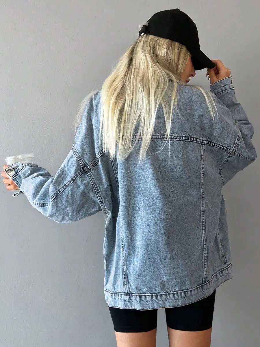 

Womens Drop Shoulder Long Sleeve Loose Denim Jacket Casual Single Breasted