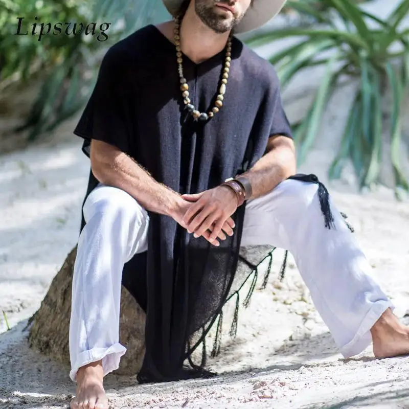 

Vacation Seaside Beach Casual Loose Cloak Men Summer Leisure Breathable Cover-up Shirt Mens Boho Vintage Tassel Tops Pullovers
