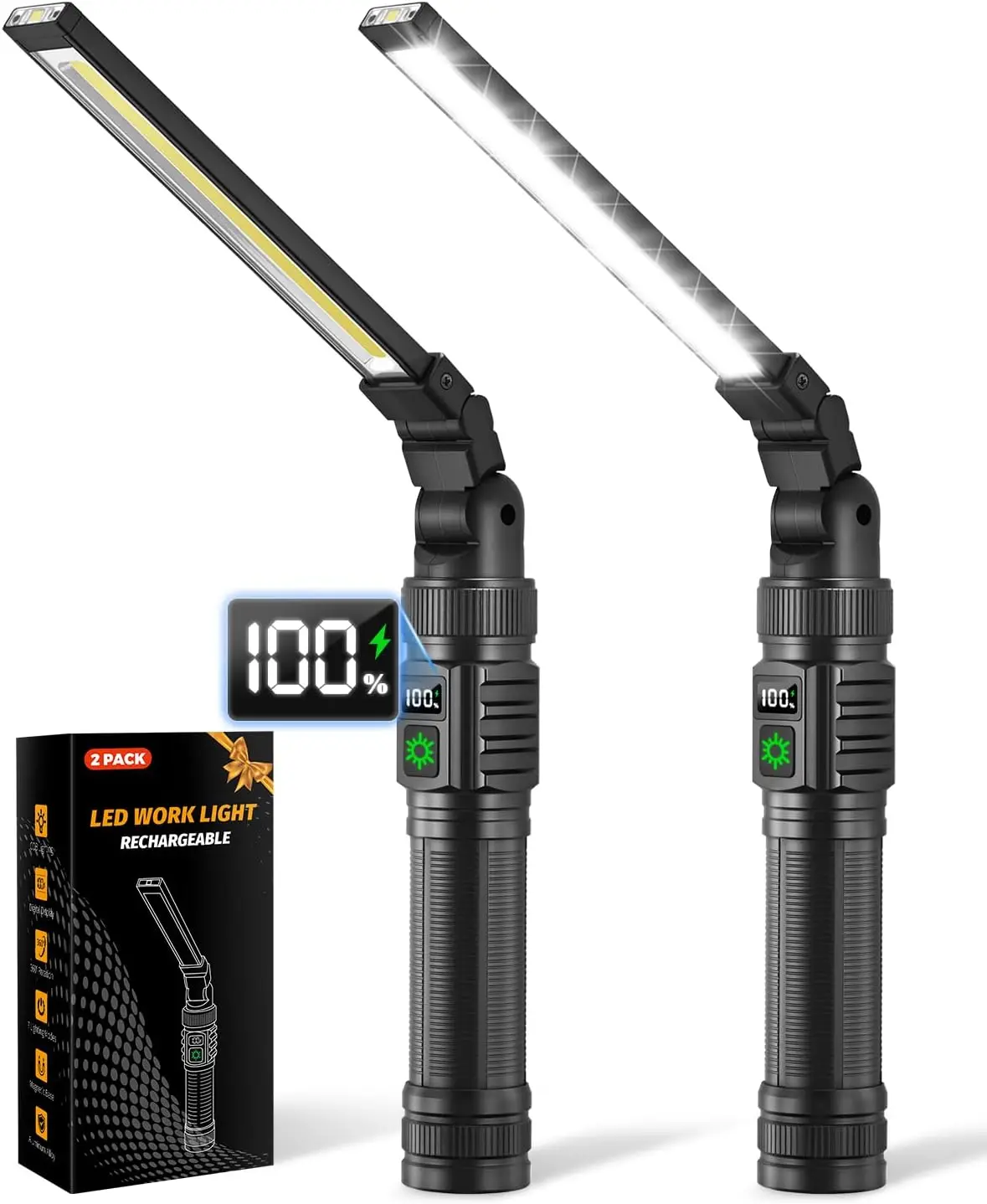 2-Pack Magnetic Work Light, 1500 Lumens Rechargeable, 7 Modes & 360° Rotation for Car Repair